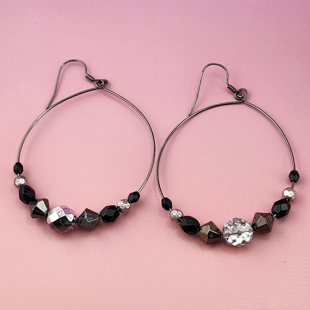 Black Silver Tone Faceted Bead Large Hoop Dangle Earring Gunmetal Glam Statement